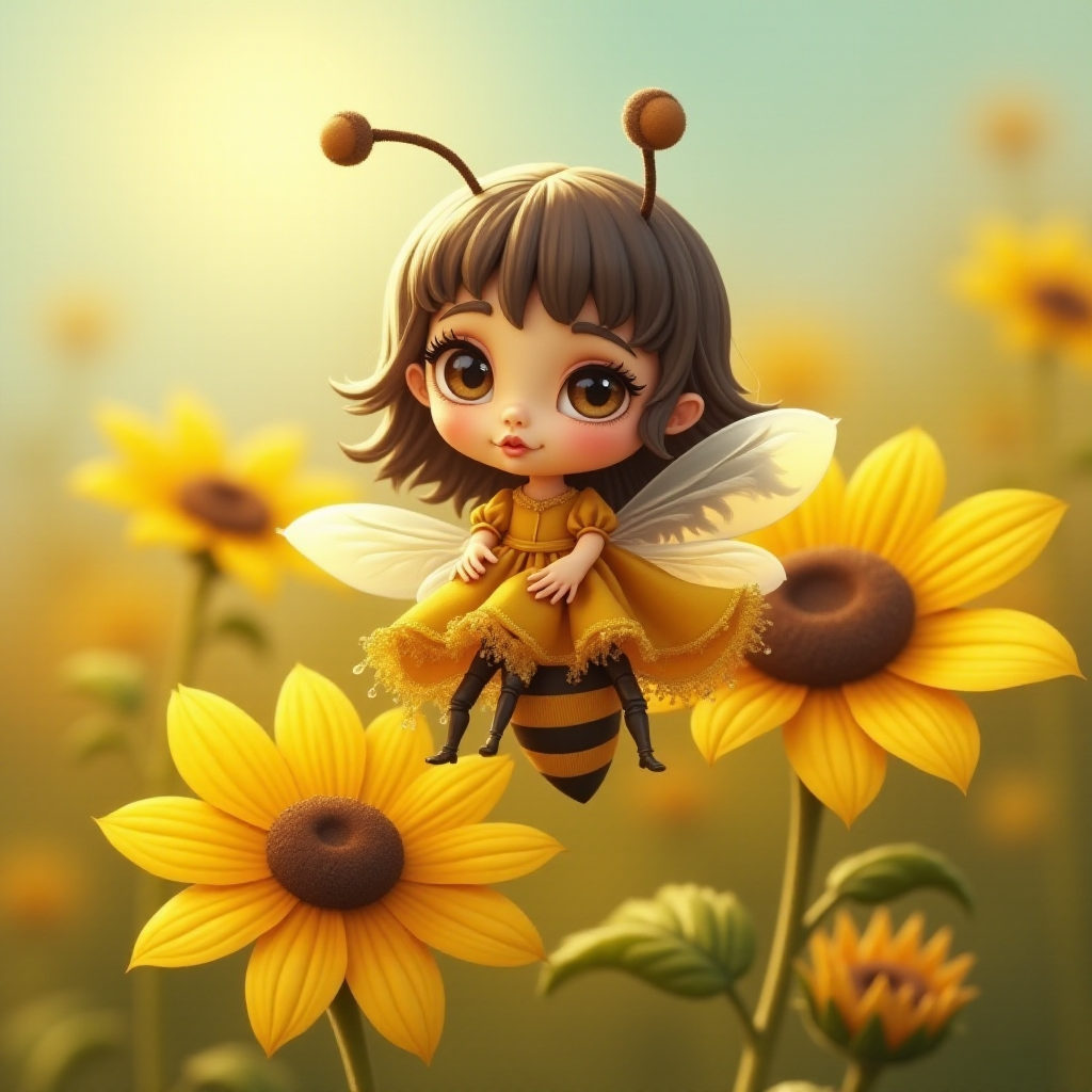 a whimsical cute girl with big eyes, big hair and flowing dress, riding astride a bumble bee, and flying across the top of the sunflower, which are just waking up, and catching dew drop of rain