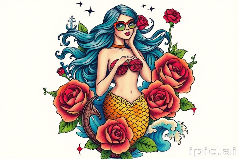 Neo-traditional tattoo dubbed "Sailor's Lament" portraying a bold colorful mermaid with flowing hair surrounded by stylized waves roses and nautical elements using thick outlines and saturated hues