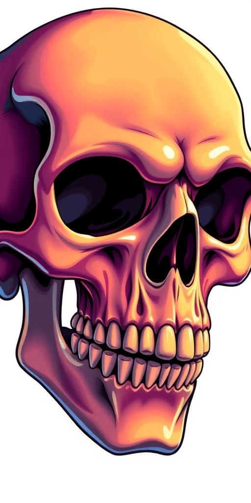 High-resolution digital illustration of a skull with exaggerated features, vibrant colors and smooth gradients, captured with a 50mm lens at f/2.8, ISO 100, under natural lighting, using a DSLR camera for enhanced clarity and detail.