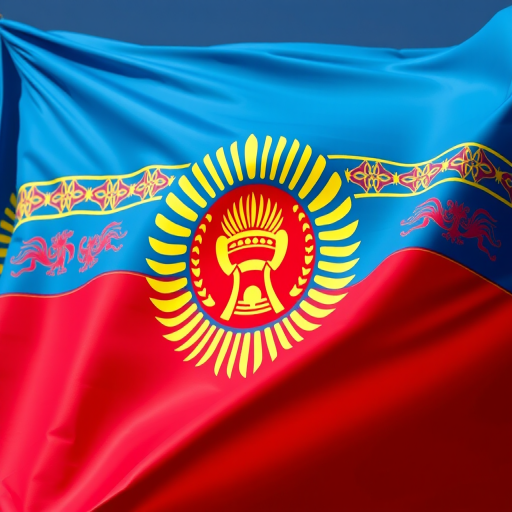 Flag of Kyrgyzstan with bright colors and sharp details, focused view, high dynamic range, ISO 100, aperture f/8, shutter speed 1/200s, DSLR camera, vibrant and clear background.