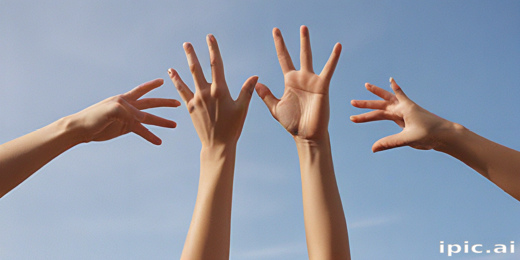 Hands Reaching Toward the Sky Against a Bright Blue Background