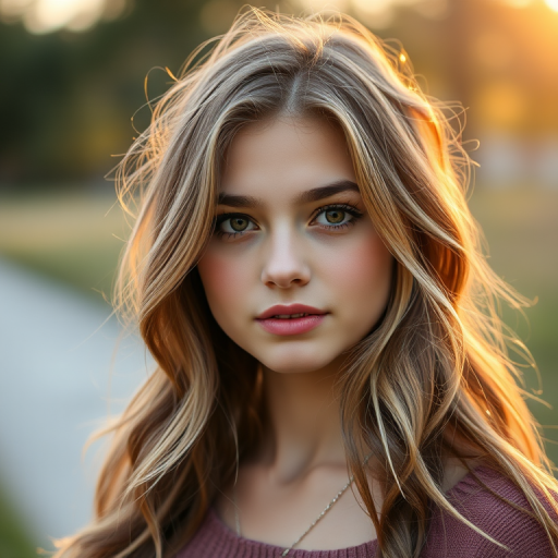 portrait of a young woman with wavy hair in a soft outdoor setting, natural lighting, shallow depth of field, aperture f/1.8, ISO 100, 85mm lens, DSLR camera, golden hour lighting for a warm glow