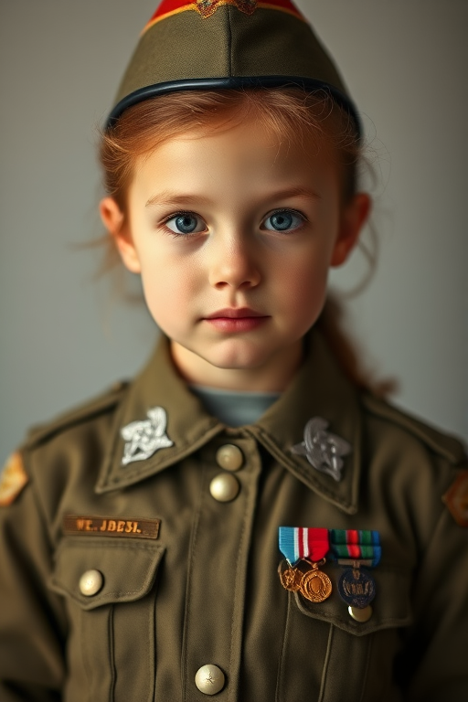 portrait of a young girl in a vintage military uniform with medals, soft studio lighting, shallow depth of field, camera settings: aperture f/2.8, ISO 100, shutter speed 1/125, Canon EOS 5D Mark IV, 50mm lens, professional photography style