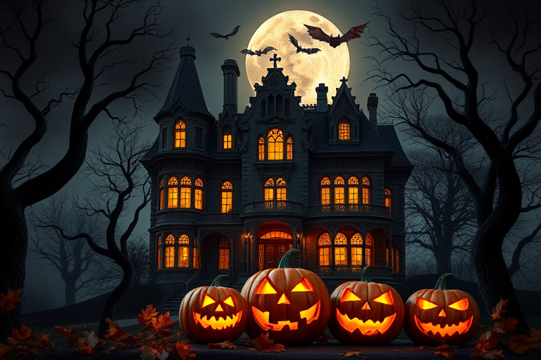 Create a spooky Halloween scene featuring a dark, gothic mansion with intricate architecture illuminated by glowing orange lights. Surround the mansion with twisted trees, a full moon in the background, and bats flying in the night sky. Add carved pumpkins with eerie expressions in the foreground and autumn leaves scattered around to enhance the atmosphere.