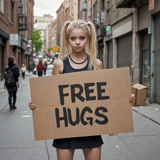 cinematic, 1girl  (with cheerleader outfit and blonde hair) standing with a cardboard sign (with "FREE HUGS" text logo),a small fchgr covering her  face, downtown street background, <lora:Xenomorph_Facehugger_v2.0_SDXL:0.8>,  <lora:Harrlogos_v1.1:1>