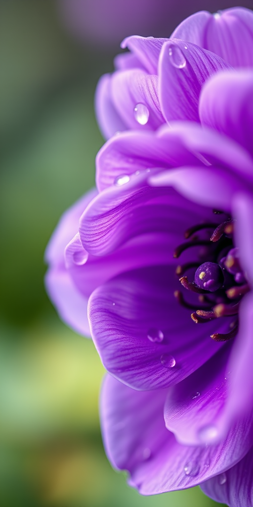 macro shot of a purple ranunculus flower with water droplets on petals, shallow depth of field, soft natural light, f/2.8 aperture, 100mm lens, ISO 200, taken with a DSLR camera, focus on the flower center and textured details