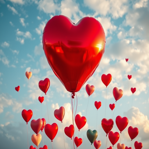 Create a high-resolution image of a large red heart balloon surrounded by smaller colorful heart balloons in a dreamy sky filled with fluffy clouds, using a Canon EOS R5 with a 50mm f/1.2 lens, settings at ISO 100, aperture f/2.8, and shutter speed 1/200s, in a soft focus style for a romantic atmosphere.