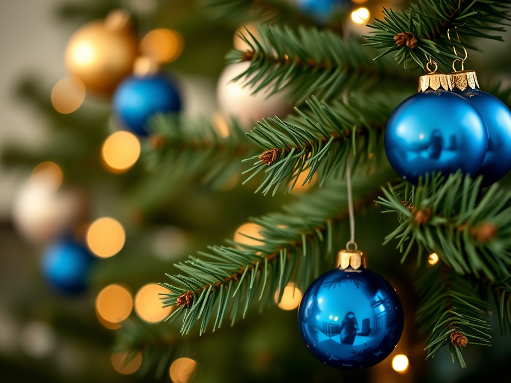 A close-up shot of a Christmas tree branch adorned with decorative blue and gold ornaments, soft bokeh background, taken with a DSLR camera at f/2.8 aperture, ISO 100, 50mm lens, in natural light for enhanced detail and quality.