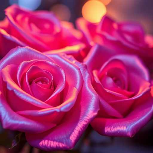 high-quality close-up of iridescent roses with a magical glowing background, soft focus, f/2.8 aperture, 50mm lens, ISO 100, natural lighting, DSLR camera