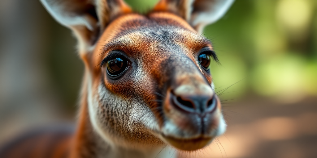 Capture a close-up portrait of a kangaroo with a shallow depth of field, ISO 200, aperture f/2.8, shutter speed 1/200s, natural light, using a DSLR camera with a 50mm lens for enhanced detail and soft background blur.
