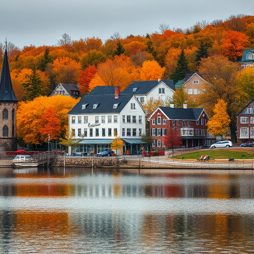 Capture a serene autumn landscape of a quaint town by the water, showcasing vibrant fall foliage, historical buildings with a steeple, and a calm lake reflecting the colorful trees, with a Canon EOS 5D Mark IV, 24mm lens, aperture f/8, ISO 100, shutter speed 1/200s, taken from a slightly elevated position for a panoramic view.