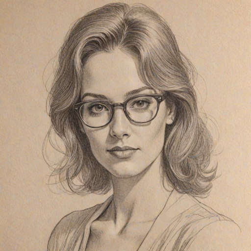 Radiant Clea Lewis, pencil sketch, portrait of Wonderful woman 1974s in glasses, hair style beatnik, outline, clear lines, fine lines, 8k