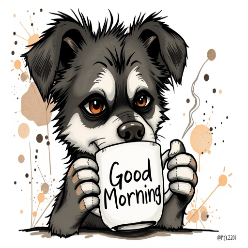 A quirky, artistic illustration of a disheveled akita pit dog breed with exaggerated, large eyes and spiky fur, holding a coffee mug that reads "Good Morning". The dog has a tired but humorous expression, with ink splatters and abstract details surrounding it, giving a whimsical feel to the image. The color palette is mostly monochrome with hints of brown in the eyes and steam rising from the mug, enhancing the overall sleepy vibe