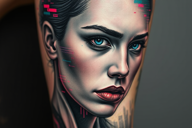 Edgy "Glitch Art Realism" tattoo approach combining hyper-realistic portraiture with intentional digital distortions and pixelation effects, using a palette of muted grays and pops of vivid RGB colors to create a striking contrast between the lifelike details and the surreal, tech-inspired glitches, resulting in a thought-provoking piece that blurs the line between traditional and digital art