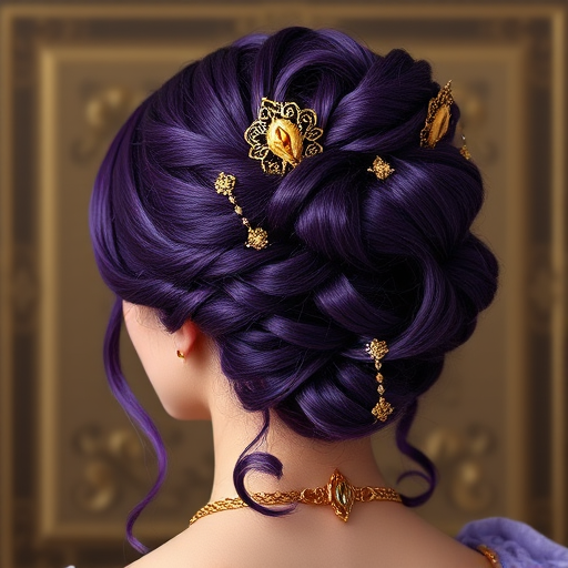 Regal amethyst purple hair styled in an elaborate renaissance-inspired updo with golden filigree accents, exuding majestic elegance named Royal Byzantium