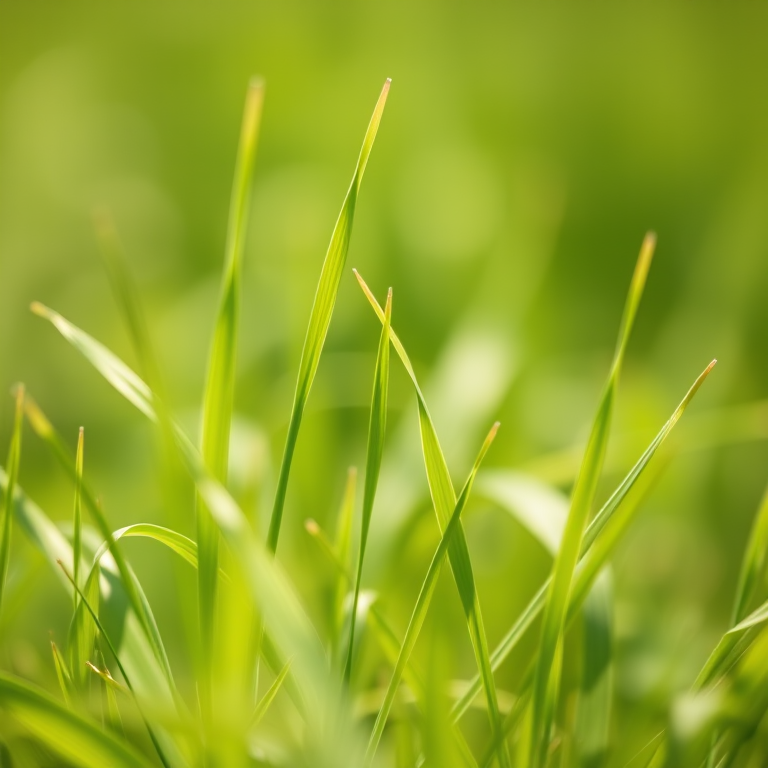 macro shot of delicate green grass in soft focus with a blurred background, f/2.8 aperture, 1/200 sec shutter speed, ISO 100, taken with a DSLR camera in natural daylight.