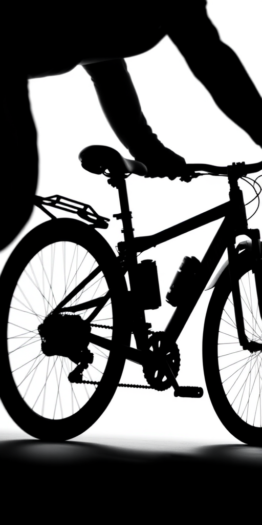 Create a detailed black silhouette of a bicycle in motion on a white background, captured using a DSLR camera with a 50mm lens, aperture set to f/1.8, ISO 100, and a shutter speed of 1/1000s for crisp clarity and dynamic composition.