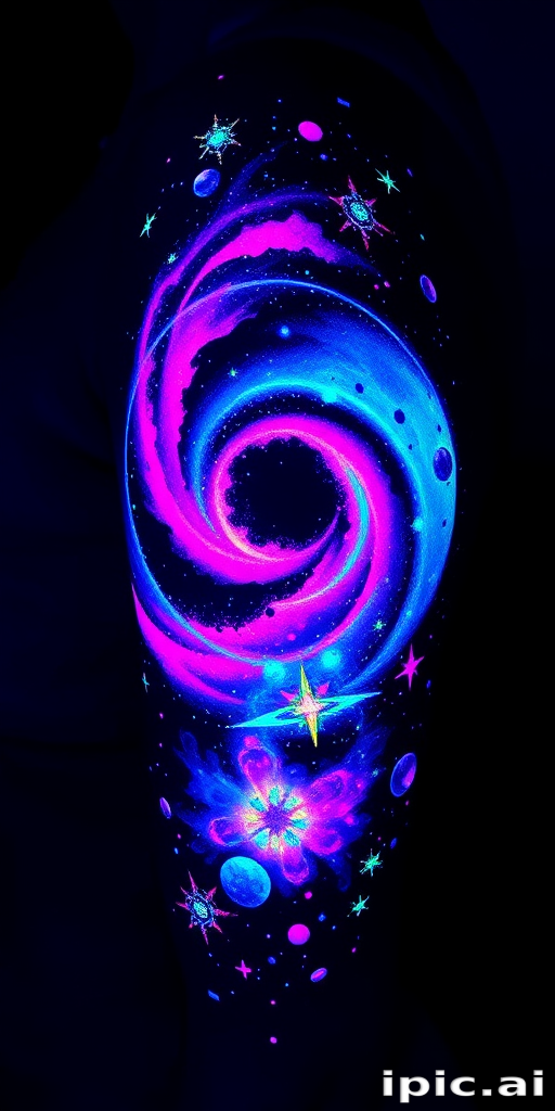 Luminous UV ink tattoo called "Neon Nebula" featuring a cosmic scene of swirling galaxies, twinkling stars, and vibrant nebulae that come to life under blacklight. The design utilizes specialized UV-reactive inks in a range of fluorescent colors, including electric blues, vibrant pinks, and glowing greens, to create a mesmerizing display of otherworldly hues. This style is characterized by its dual nature, appearing as a subtle, almost invisible tattoo in normal lighting conditions, but transforming into a brilliant, glowing masterpiece under UV light. The "Neon Nebula" tattoo incorporates fine details such as stardust, planetary rings, and celestial bodies, all rendered in a dreamy, ethereal style that captures the wonder and mystery of the cosmos. This unique tattoo style appeals to those who want a hidden artistic surprise that can be revealed in specific environments.