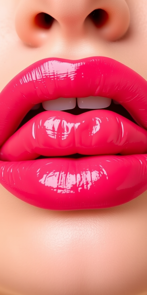 Playful "Watermelon Sorbet" lips boasting a bright, glossy pink-red hue, perfectly moisturized and plumped for a juicy appearance
