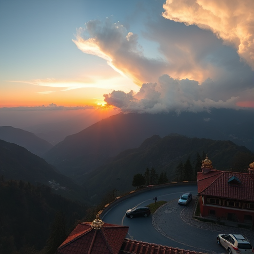 Capture a breathtaking view of a mountainous landscape at sunset with a winding road, traditional architecture in the foreground, and dramatic clouds in the sky, using a DSLR camera with a wide-angle lens, aperture f/8, ISO 100, shutter speed 1/200s, and a low-angle shot for depth.