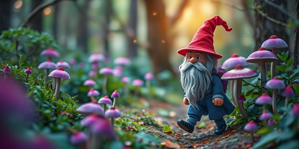 Create an enchanted forest scene featuring a whimsical wizard with a curly beard and a pointy hat, walking through a mystical landscape filled with vibrant purple mushrooms, lush green plants, and ethereal swirls of light, using a DSLR camera with a focal length of 50mm, aperture f/2.8, ISO 100, and a soft focus background to enhance depth and color vibrancy.