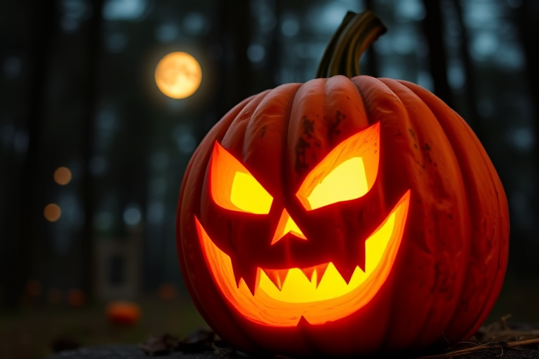 Create a high-resolution image of a carved pumpkin with a sinister face, glowing from within against a moonlit forest backdrop, using a DSLR camera with a 50mm lens, f/1.8 aperture, ISO 200, and a shallow depth of field to create a dreamy bokeh effect.