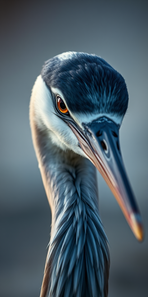 capture a close-up portrait of a heron with a sharp focus on the eye and intricate feather details, use a Canon EOS 5D Mark IV with a 100mm f/2.8 macro lens, aperture set to f/2.8, ISO 200, shutter speed 1/250s, soft diffused lighting for an elegant appearance, shallow depth of field with a blurred background