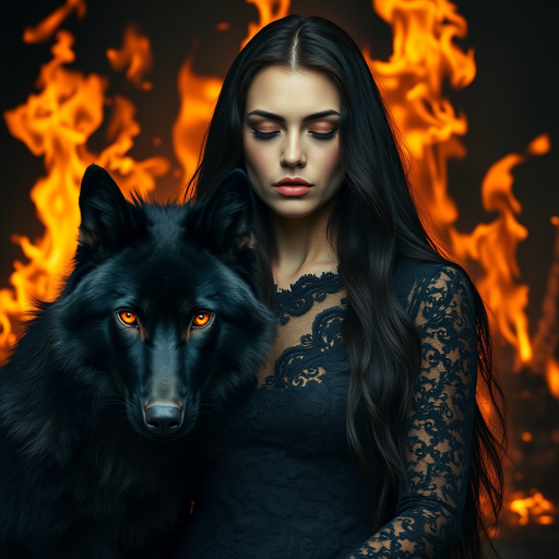 A woman with long dark hair, wearing a black lace dress that seamlessly blends into her skin with intricate floral patterns. She is in the foreground, with a black wolf beside her; its fur is midnight black, and it has glowing, intense, orange eyes that match hers. Her eyes are partially closed with burning embers above them, giving a fiery and mystical aura. The background is engulfed in tall, roaring flames, contributing to an overall dark and supernatural atmosphere. The colors are intense, predominantly black, fiery orange, and deep reds, with sharp contrast highlighting the mysterious and fierce theme. The flames are bright and dynamic, casting dramatic light and shadow, illuminating the woman and wolf while leaving parts in near darkness. The image evokes a sense of otherworldly power and connection between the woman and the wolf.