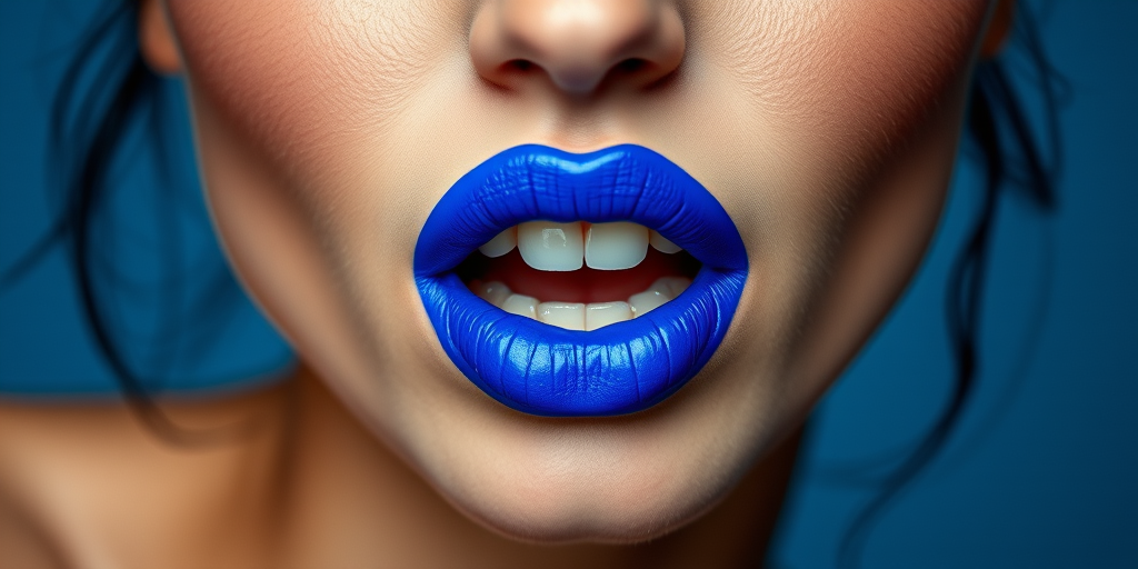 Daring woman lips painted in electric blue matte lipstick, full face image portraying avant-garde style and fearless self-expression