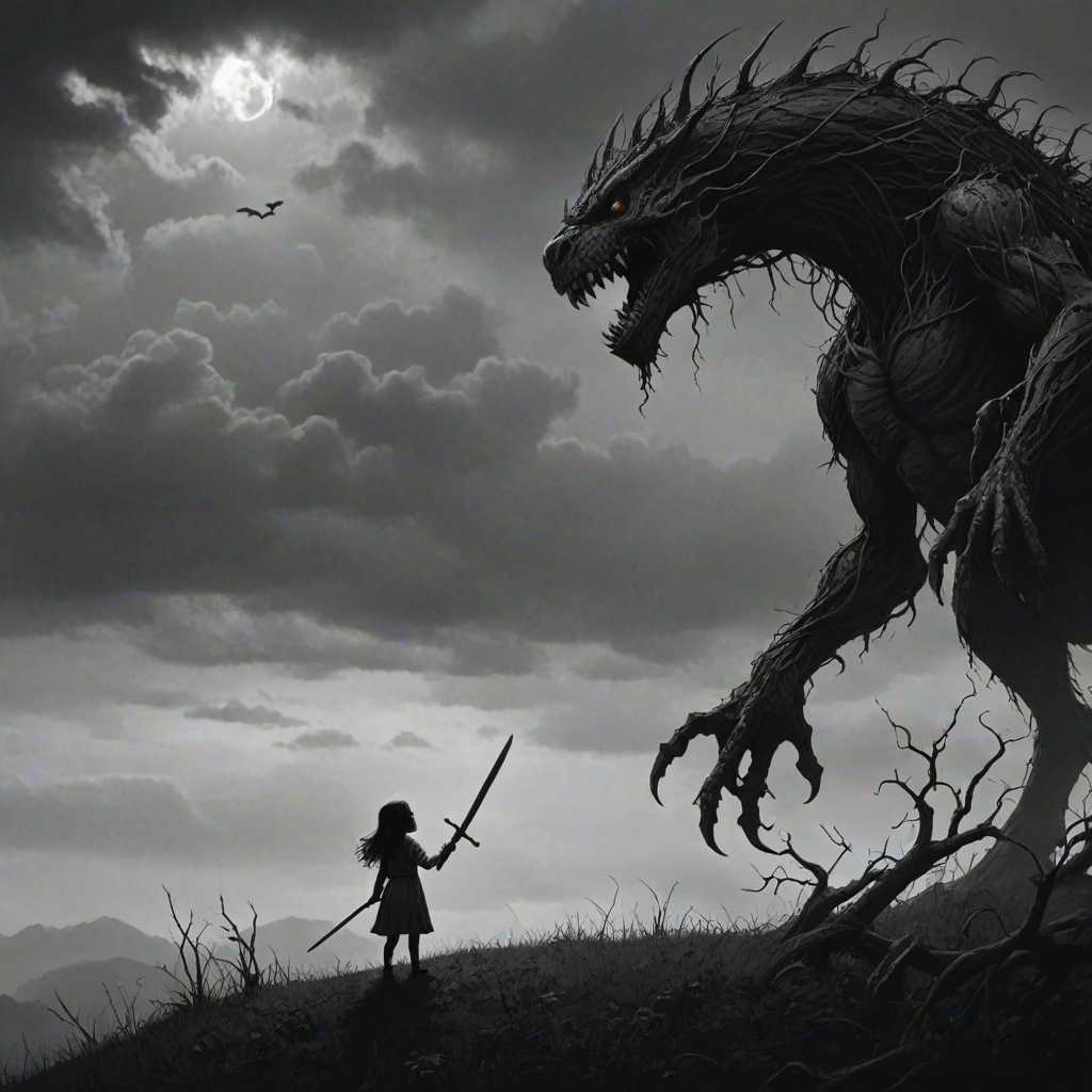 Fight your fears illustration of black and white minimalist of a little girl standing on a hill, raising a sword in hand, she is facing a large menacing creature with large head, sharp teeth and sharp claws, its body is made of vines and roots. The background is a cloudy sky with a hint of smoke or fog. The overall mood of the image is dark and eerie.