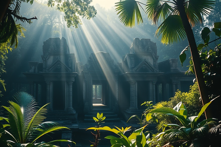 Create a high-resolution image of an ancient, overgrown temple in a dense jungle with rays of sunlight filtering through the trees, taken with a Canon EOS R5 at f/1.8, ISO 100, 24mm, using a wide-angle lens to capture the depth and detail of the ruins, in a soft, moody style.
