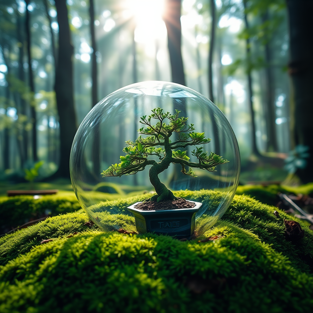 A serene forest scene featuring a bonsai tree surrounded by a transparent bubble, lush green moss, soft morning light filtering through trees, with a shallow depth of field, captured using a Canon EOS R5 with a 50mm f/1.2 lens at ISO 100, aperture f/2.8, shutter speed 1/200s.
