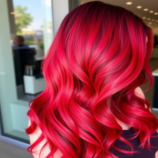Vibrant cherry red ombre hair cascading in loose waves, Scarlet Sunset style, featuring deep burgundy roots transitioning to bright crimson tips, shimmering with glossy highlights and bouncy volume