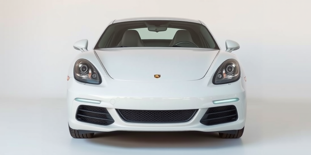 Generate an image of a minimalistic car front view with flat colors, using a DSLR camera, f/8 aperture, 50mm lens, ISO 100, and natural lighting for enhanced clarity and detail.