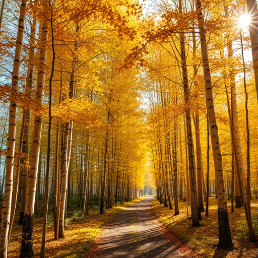 autumn forest with golden birch trees lining a pathway, sunlight filtering through leaves creating starburst effect, f/8 aperture, ISO 100, 1/250 sec shutter speed, wide-angle lens, DSLR camera, high dynamic range style