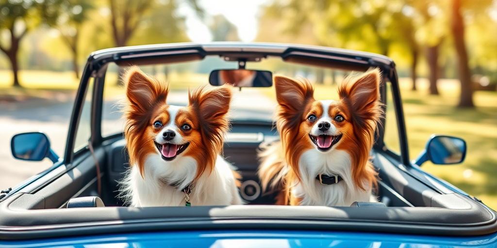 Create an image of two happy Papillon dogs with their ears perked, sitting in a blue convertible car with the top down, set in a sunny outdoor park environment, using a Canon EOS R5 with a 50mm lens, aperture f/1.8, shutter speed 1/200s, and soft natural lighting for a vibrant and cheerful look.