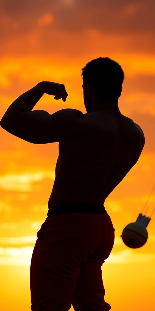 Regenerate an image of a muscular male silhouette against a vivid sunset background, using a DSLR camera with a 50mm lens, aperture set to f/1.8, ISO 100, and a low-angle shot for dramatic effect.