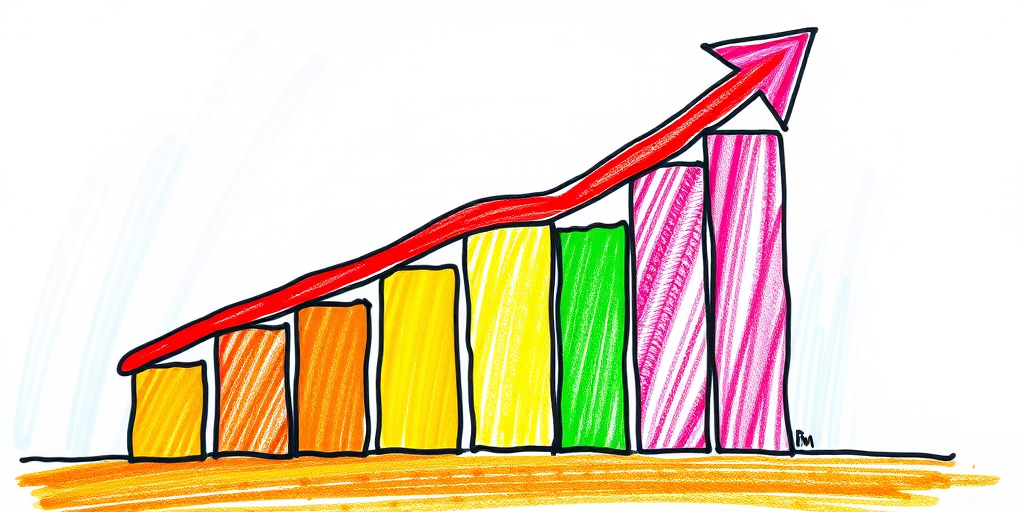 Create a detailed and colorful illustration of a bar graph showing growth, with an upward arrow, using a high-resolution digital drawing style, captured with a DSLR camera at f/8 aperture, ISO 100, with a macro lens to enhance clarity and texture.