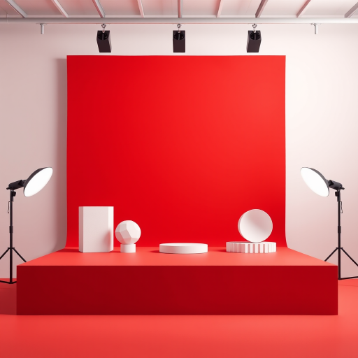 create a minimalistic studio set with a vibrant red background and a raised platform featuring geometric shapes, focal length 35mm, aperture f/8, ISO 100, overhead lighting, taken with a DSLR camera in landscape orientation