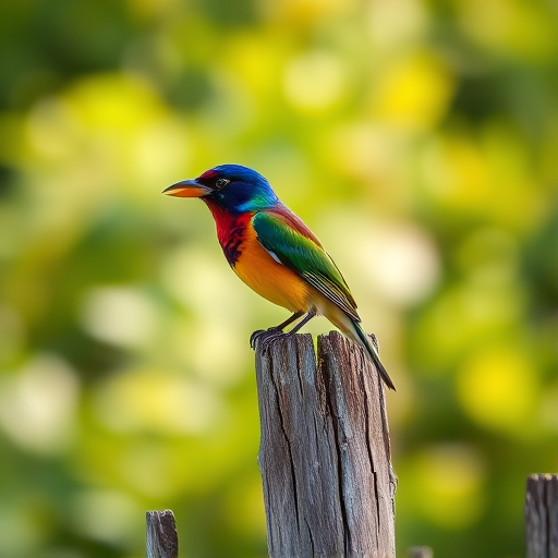A vibrant bird perched on a weathered fence post with soft blurred green foliage in the background, captured with a DSLR camera, aperture f/2.8, shutter speed 1/250 sec, ISO 200, 50mm lens, natural lighting.