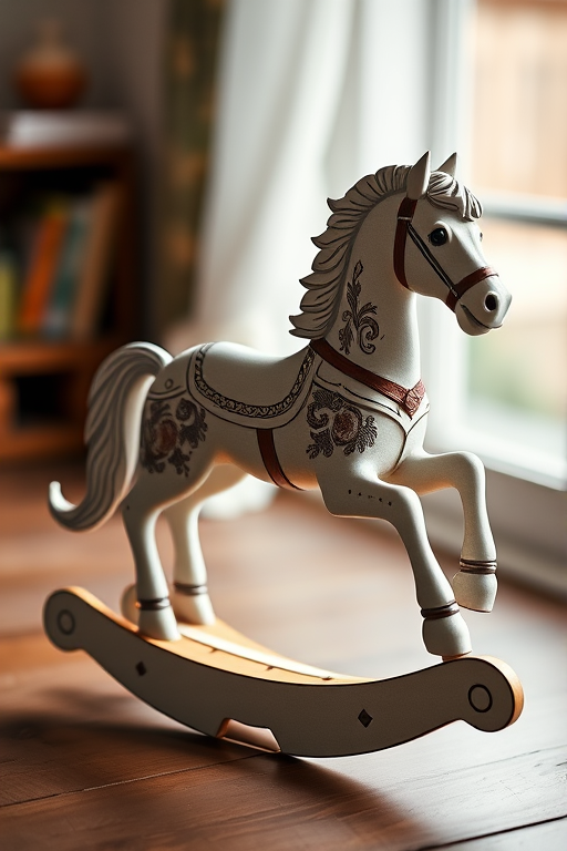 Create a high-resolution image of a rocking horse design with intricate details, using a DSLR camera with a 50mm lens, f/2.8 aperture, ISO 100, and a soft focus background for depth.