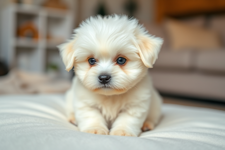 Cute fluffy white puppy with round body and big black eyes sitting on a soft white surface in a cozy indoor setting.