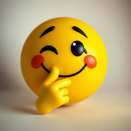 Create an image of a cartoonish yellow emoji with a playful expression, finger to lips, set against a soft gradient background, captured using a DSLR camera at f/2.8 aperture, ISO 100, 50mm lens, in high dynamic range for enhanced detail and color richness.