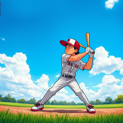 Create a vibrant illustration of a cartoon-style baseball player in a dynamic batting pose against a bright blue sky with fluffy clouds, using a wide-angle lens, f/8 aperture for depth of field, shot in high resolution with a digital art style, emphasizing bold colors and clean lines for enhanced visual impact.