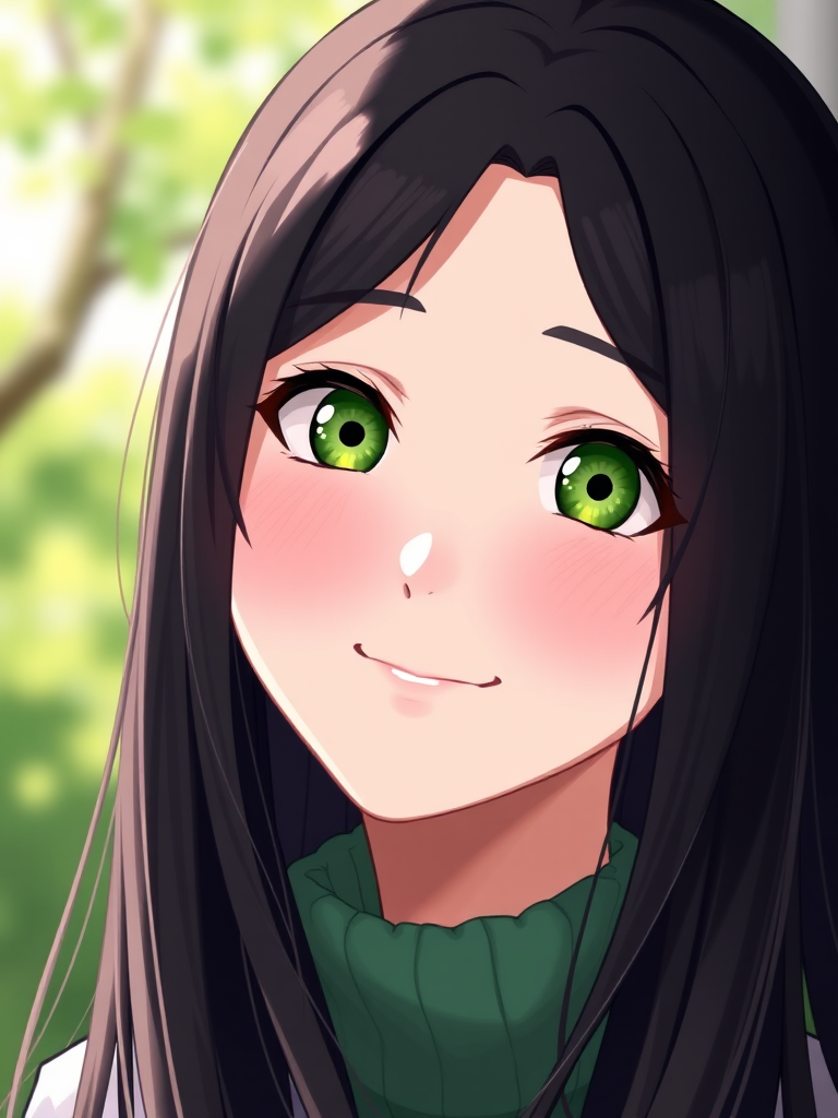 Generate a high-resolution digital illustration of a smiling female character with long black hair and bright green eyes, using a Canon EOS R5 camera, 50mm lens, f/1.8 aperture, ISO 100, in portrait orientation, soft natural lighting to enhance facial features.