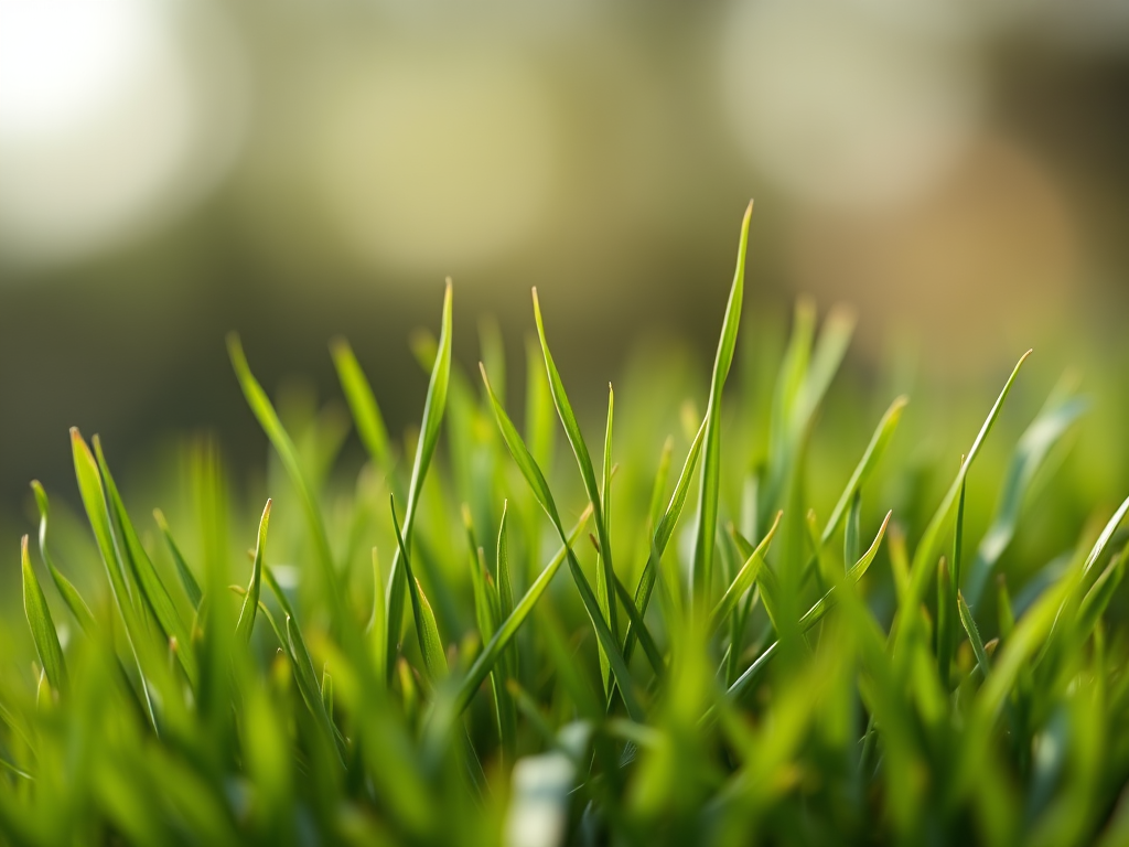 macro shot of green grass with soft focus background, aperture f/2.8, shutter speed 1/250s, ISO 100, natural light, DSLR camera, close-up view