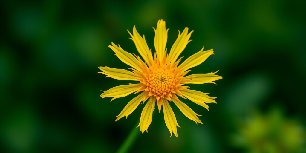 yellow flower with spiky petals against a blurred green background, captured with a Canon EOS R, 50mm f/1.8 lens, aperture f/2.8, ISO 100, natural lighting, shallow depth of field