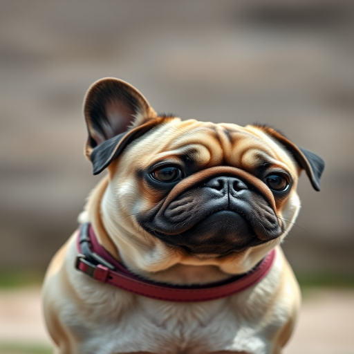 Create a detailed and realistic portrait of a pug standing confidently with its head held high, captured in natural daylight, using a DSLR camera with a 50mm lens, aperture set to f/2.8, shutter speed at 1/200s, ISO 100, focus on the pug while slightly blurring the background for depth.