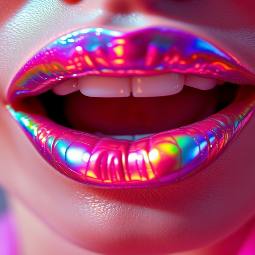 Holographic lips shimmering with iridescent rainbow hues, catching and reflecting light from every angle, creating a mesmerizing and otherworldly effect