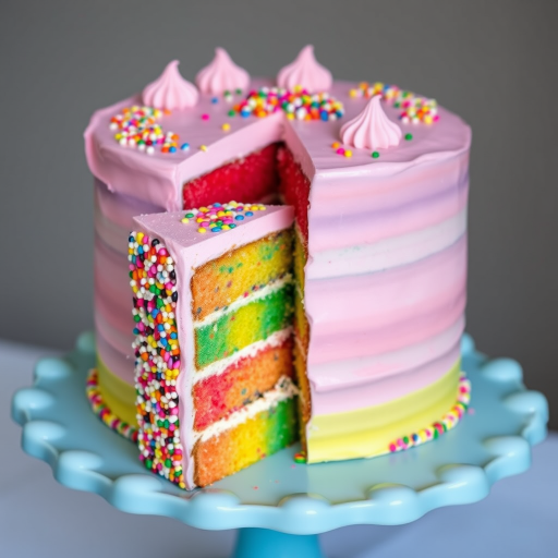 A colorful layered cake with pink frosting on top, decorated with sprinkles, featuring a slice cut out to reveal multiple layers of vibrant colors and sprinkles inside, presented on a light blue cake stand.